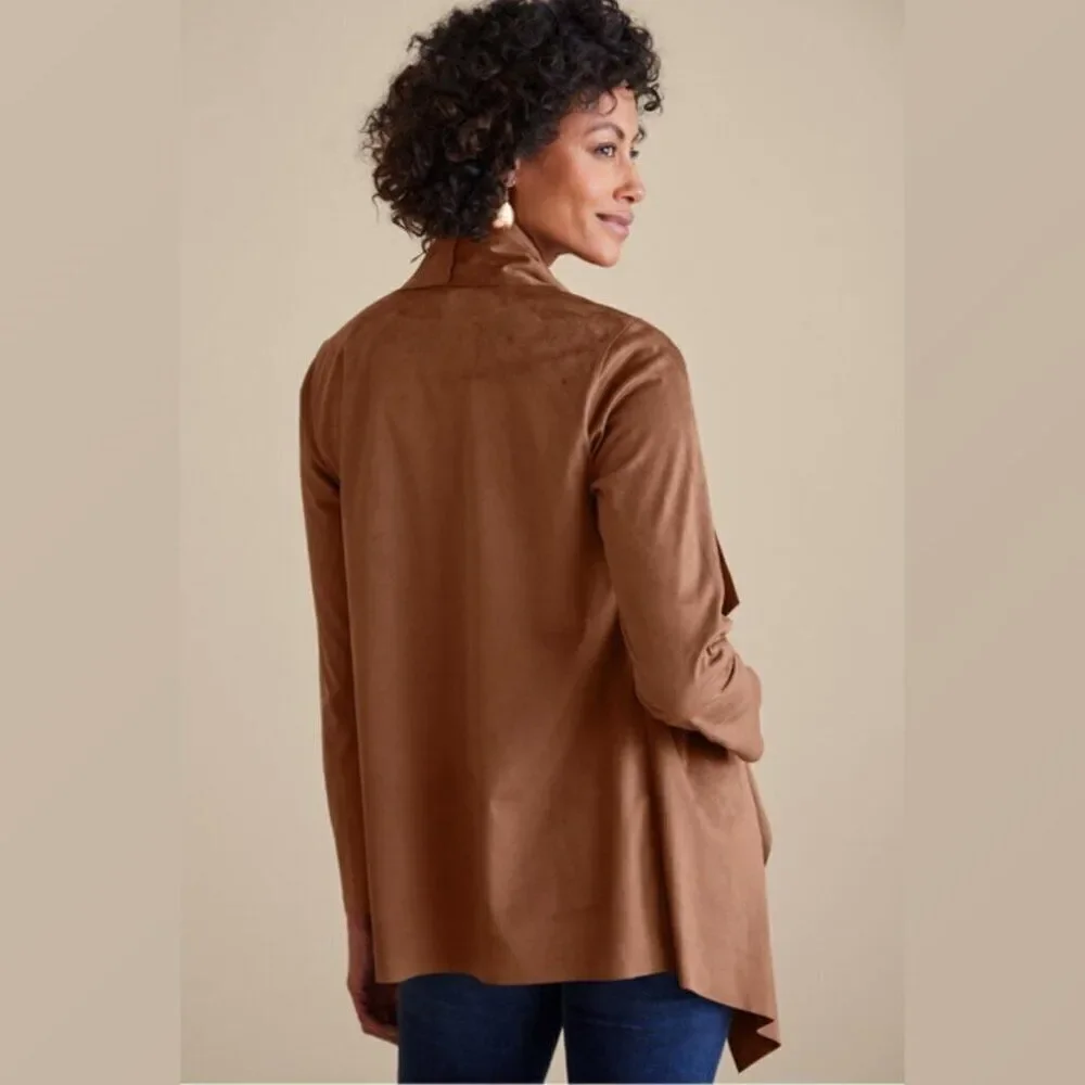 SOFT SURROUNDINGS Shape Drape Cardigan Jacket Open Front Faux Suede Brown Sz 3X